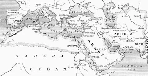 Map of the Umayyad Caliphate at its height around the turn of the 8th century Stock Photos