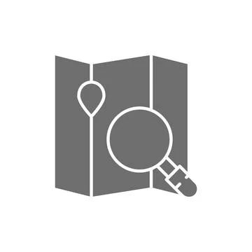Map under a magnifying glass, navigation grey icon. Ilustración de archivo