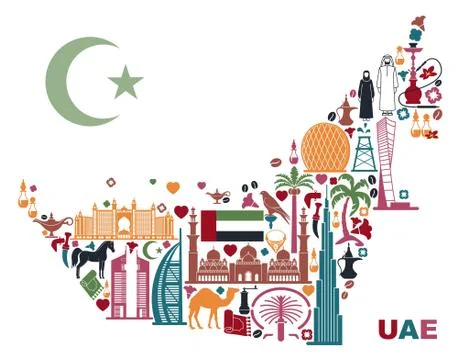 Map of United Arab Emirates consisting of the traditional symbols of Dubai Stock Illustration