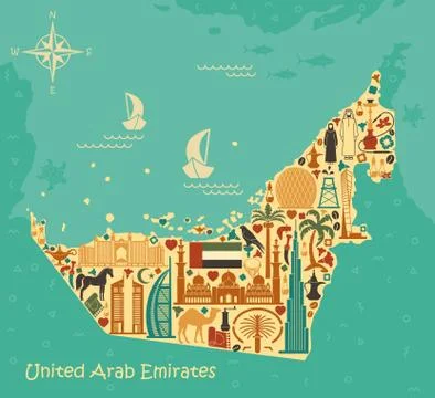 Map of United Arab Emirates consisting of the traditional symbols of Dubai Ilustración de archivo