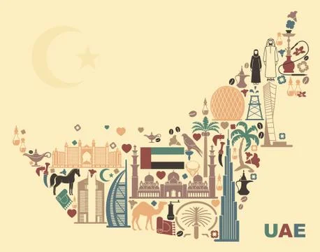 Map of United Arab Emirates onsisting of the traditional symbols of Dubai Ilustración de archivo