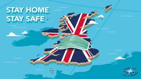 Map Of The United Kingdom With Union Jack Flag and Face Mask - Stay Home Stay Stock Illustration
