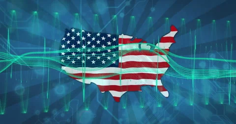 Map of United States with flag design over digital data processing animation Stock Footage 306218007