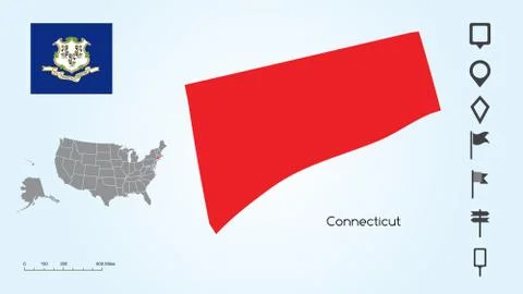 Map of The United States with Selected State of Connecticut &amp; Connecticut Flag Stock Illustration