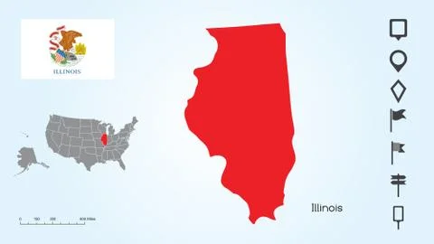 Map of The United States with the Selected State of Illinois &amp; Illinois Flag Stock Illustration