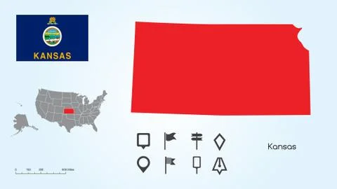 Map of The United States with the Selected State of Kansas And Kansas Flag Stock Illustration