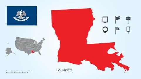 Map of The United States with the Selected State of Louisiana &amp; Louisiana Flag Stock Illustration