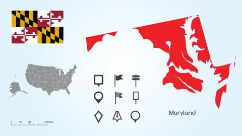 Map of The United States with the Selected State of Maryland &amp; Maryland Flag Stock Illustration