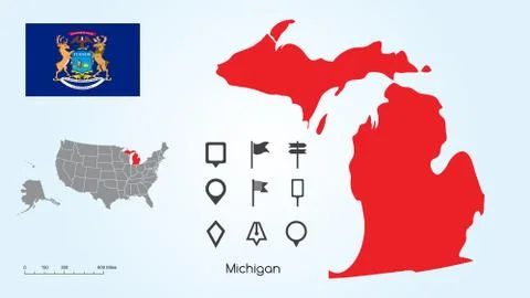 Map of The United States with the Selected State of Michigan &amp; Michigan Flag Stock Illustration