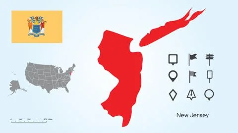 Map of The United States with the Selected State of New Jersey &amp; New Jersey Flag Stock Illustration