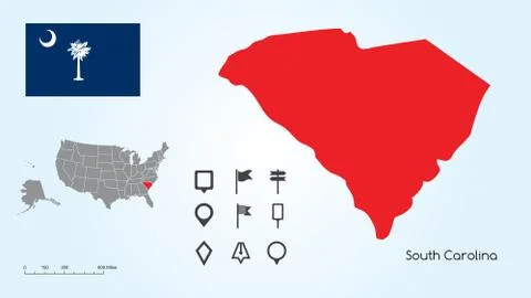 Map of United States with Selected State of South Carolina &amp; South Carolina Flag Stock Illustration