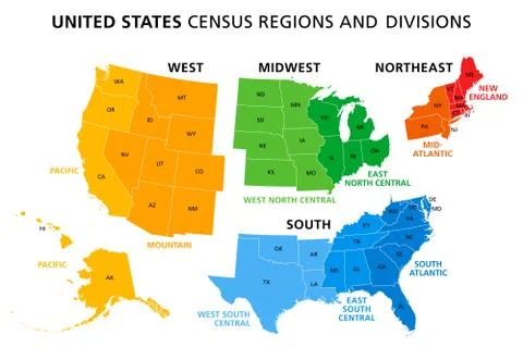 Map of United States split into Census regions and divisions Stock Illustration