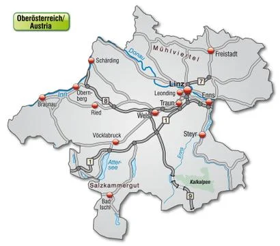 Map of upper austria with highways in gray Stock Illustration