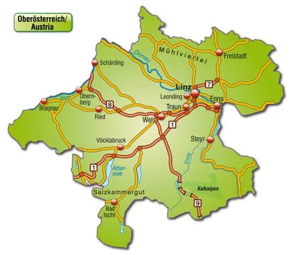Map of upper austria with highways Stock Illustration