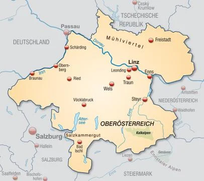 Map of upper austria as an overview map in pastel orange Stock Illustration
