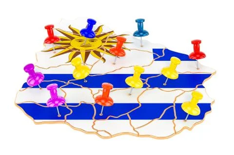 Map of Uruguay with colored push pins, 3D rendering Stock Illustration