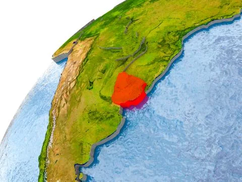 Map of Uruguay in red on globe Stock Photos