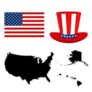 Map of the USA with a hat and flag on white background Stock Illustration