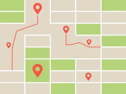 Map vector showing a route with location pins marking different places Stock Illustration