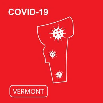 Map of Vermont State labeled COVID-19. White outline map on a red background. Stock Illustration