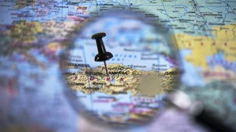 Map view of Ankara with pin and magnifying glass Stock Photos