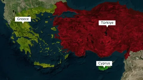 Map view showing greece turkiye and cyprus with labeled locations geography Stock Footage 345991478