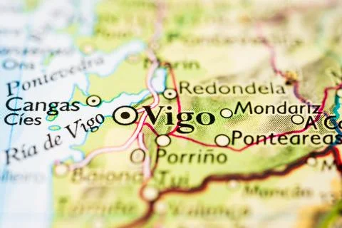 Map view of Vigo and surrounding coastal area. Stock Photos