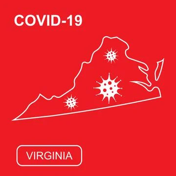 Map of Virginia State labeled COVID-19. White outline map on a red background. Stock Illustration