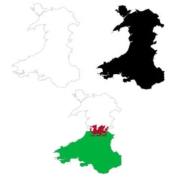 Map of Wales icon. Wales Map sign. Outline Wales. Flag of Wales symbol. Stock Illustration