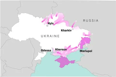 Map of the war in Ukraine. Russian held area and troop movement. Stock Illustration