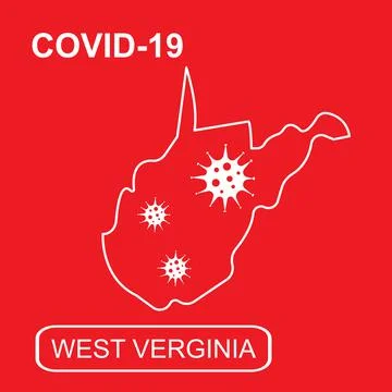 Map of West Virginia State labeled COVID-19. White outline map on a red Stock Illustration