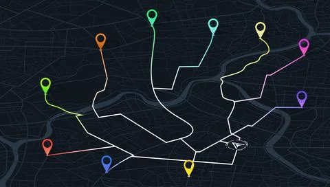 Map with white branching network routes leading to colorful pins. Vector Stock Illustration