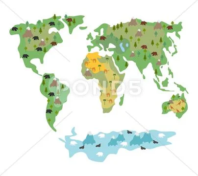Map of world with animals and trees. Geographic map of globe with flora and Stock Illustration