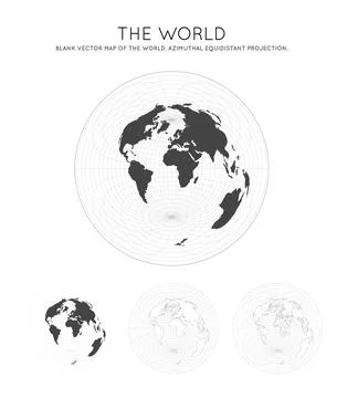 Map of The World. Azimuthal equidistant projection. Globe with latitude and.. Illustrazione stock
