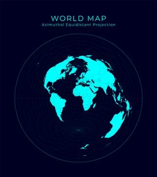 Map of The World. Azimuthal equidistant projection. Futuristic Infographic .. Illustrazione stock