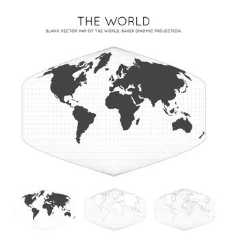 Map of The World. Baker Dinomic projection. Globe with latitude and longitu.. Illustrazione stock