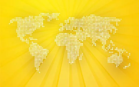 Map of world composed of small white polka dots with rays in the background Stock Illustration