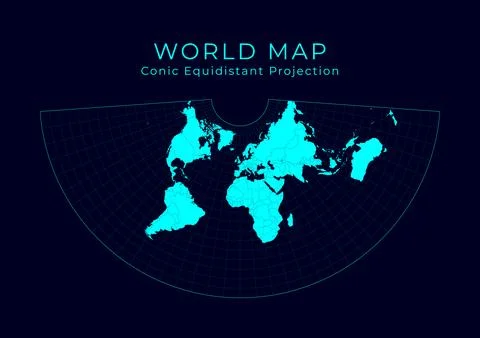 Map of The World. Conic equidistant projection. Futuristic Infographic worl.. Illustrazione stock
