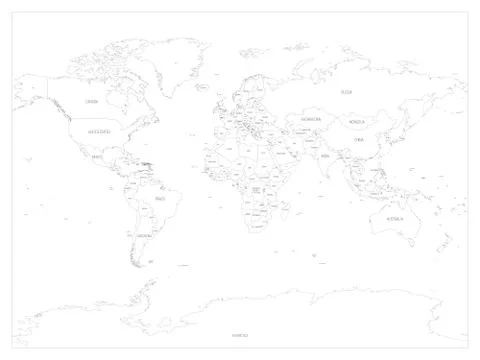 Map of World. Detailed thin black outline political map with country names Stock Illustration