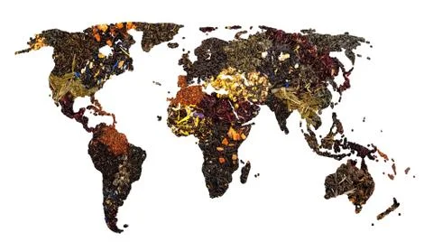 Map of world from different kind of dry tea herbs isolated on white background Stock Photos