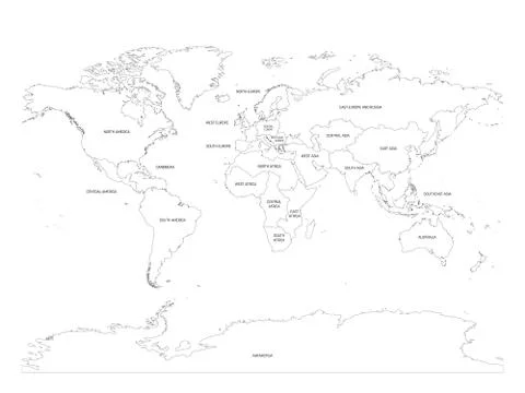 Map of World divided into regions. Thin black outline map. Simple flat vector Illustrazione stock