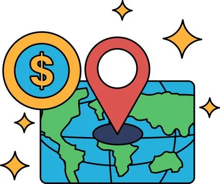 A map of the world with a dollar sign and a star on it Stock Illustration