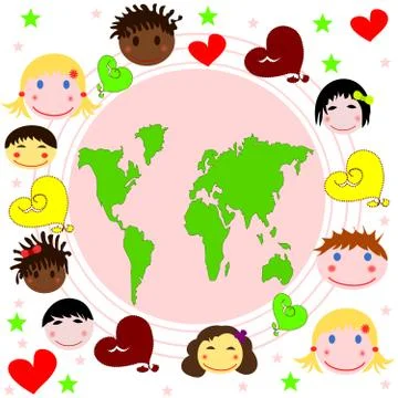 Map of the world , faces of children of different races and hearts Stock Illustration