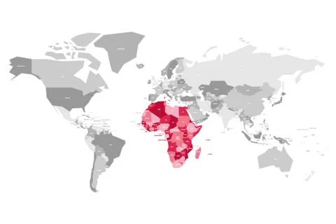 Map of World in grey colors with red highlighted countries of Africa. Vector Stock Illustration