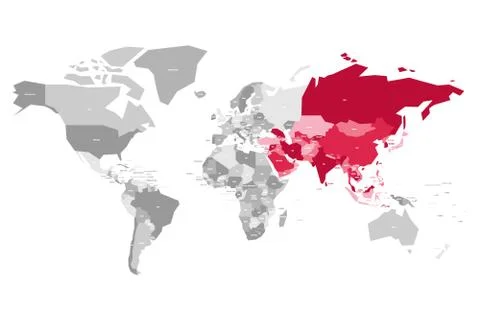Map of World in grey colors with red highlighted countries of Asia. Vector Stock Illustration