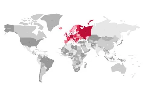 Map of World in grey colors with red highlighted countries of Europe. Vector Stock Illustration