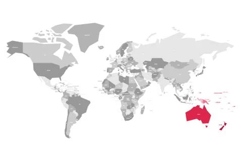 Map of World in grey colors with red highlighted countries of Australia. Vector Stock Illustration