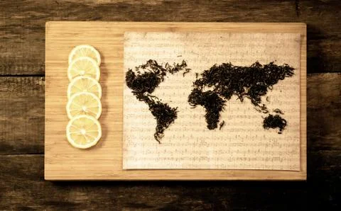 Map of the world, lined with tea leaves on old paper. Eurasia, America Stock Photos