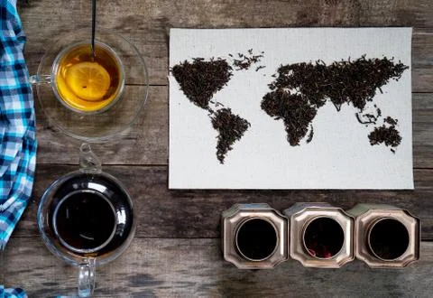 Map of the world, lined with tea leaves on old paper. Eurasia, America Stock Photos