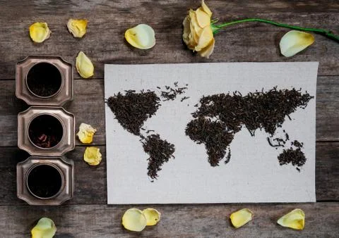 Map of the world, lined with tea leaves on old paper. Eurasia, America Stock Photos